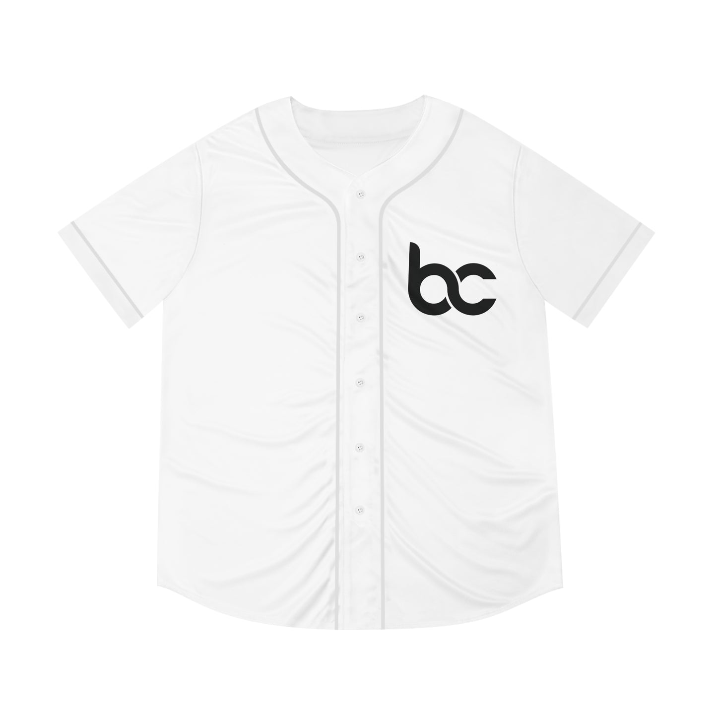 White baseball jersey with 'bc' logo on a white background