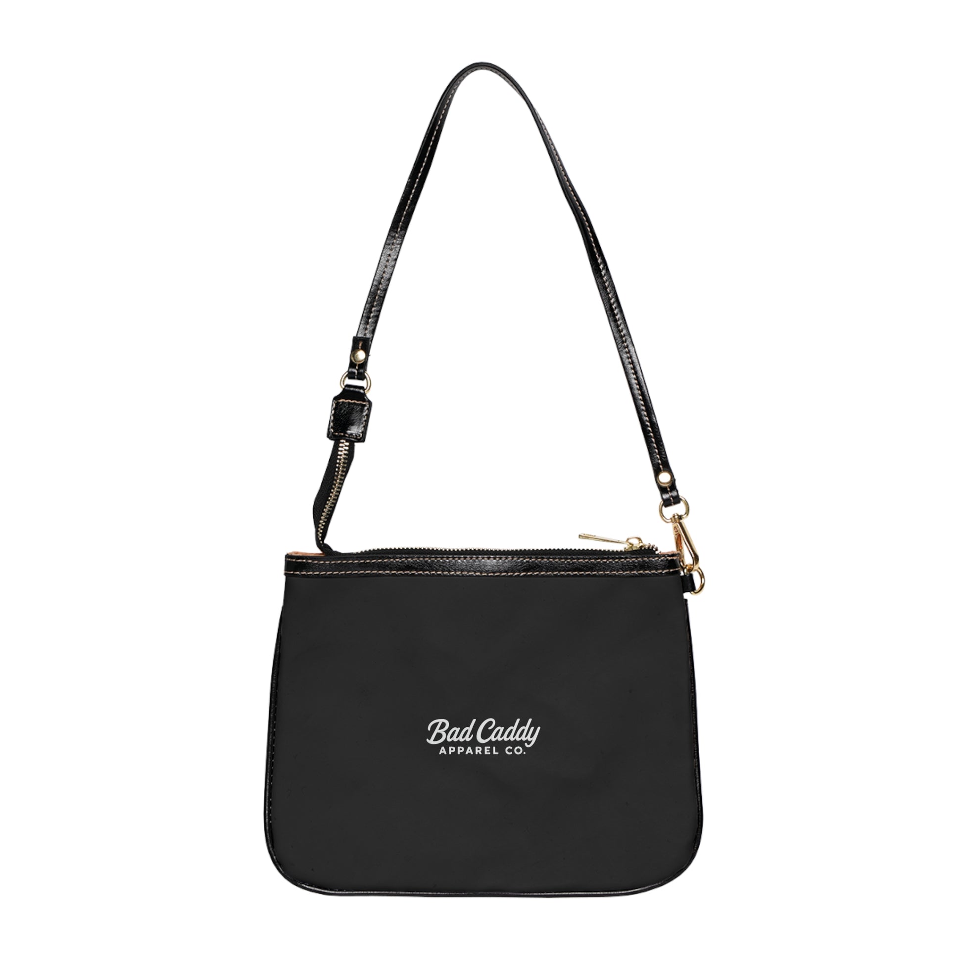 Black handbag with 'Bad Caddy Apparel Co.' logo on a white background