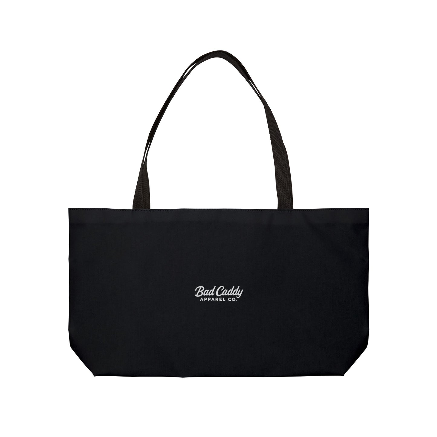 Black tote bag with 'Bad Caddy' logo on a white background