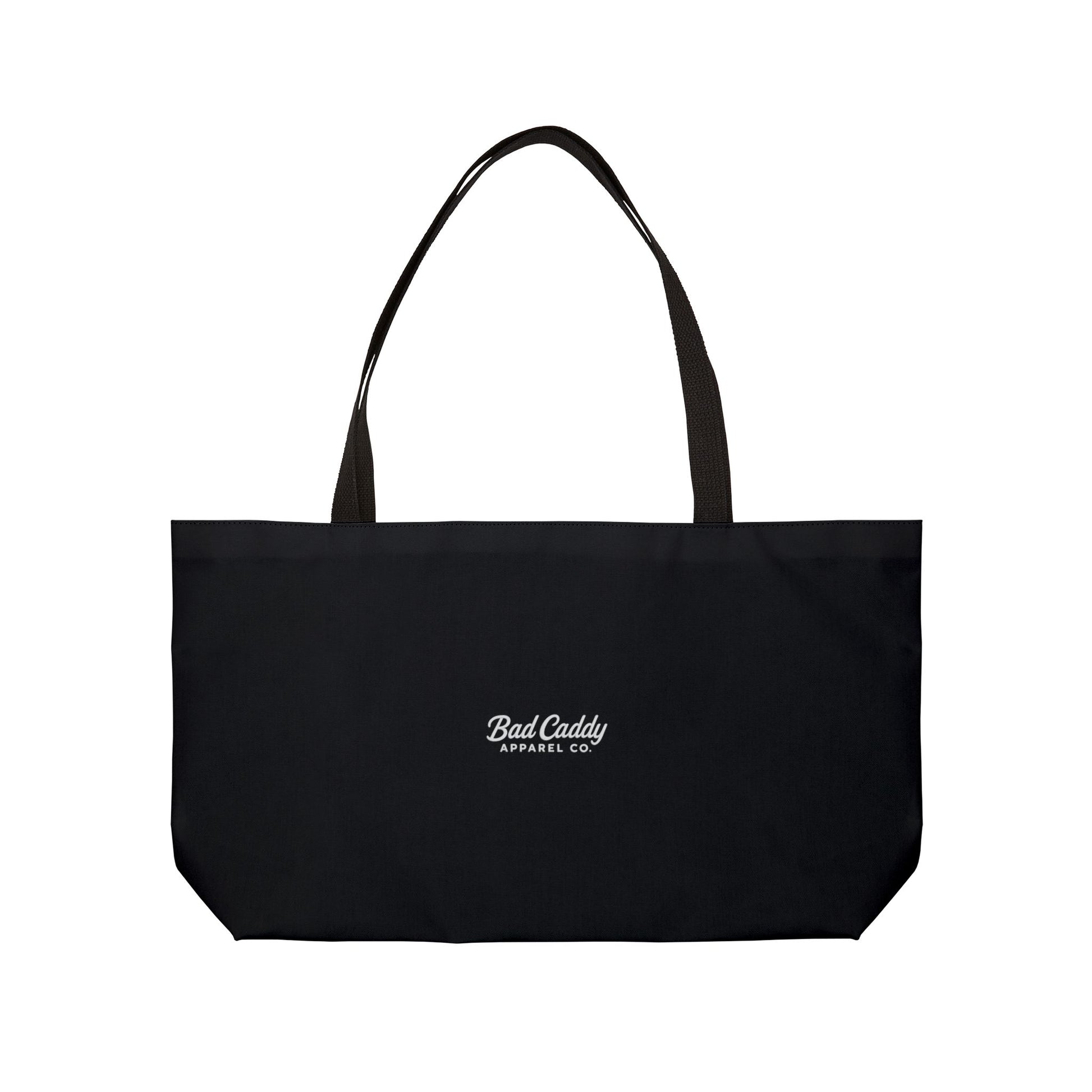Black tote bag with 'Bad Caddy' logo on a white background