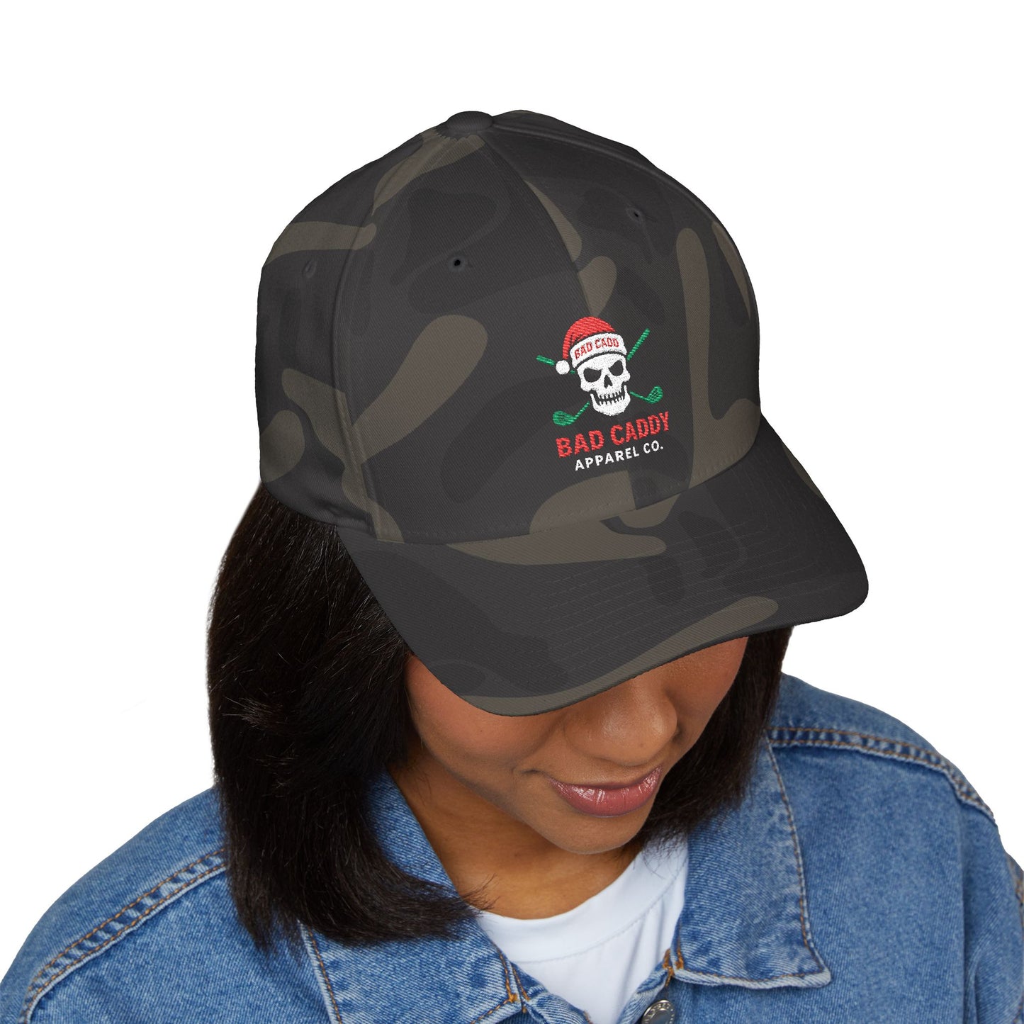 Skull Cap — 'Bad Caddy Apparel Co.' Embroidered Hat (Holiday Skull & Santa Hat)